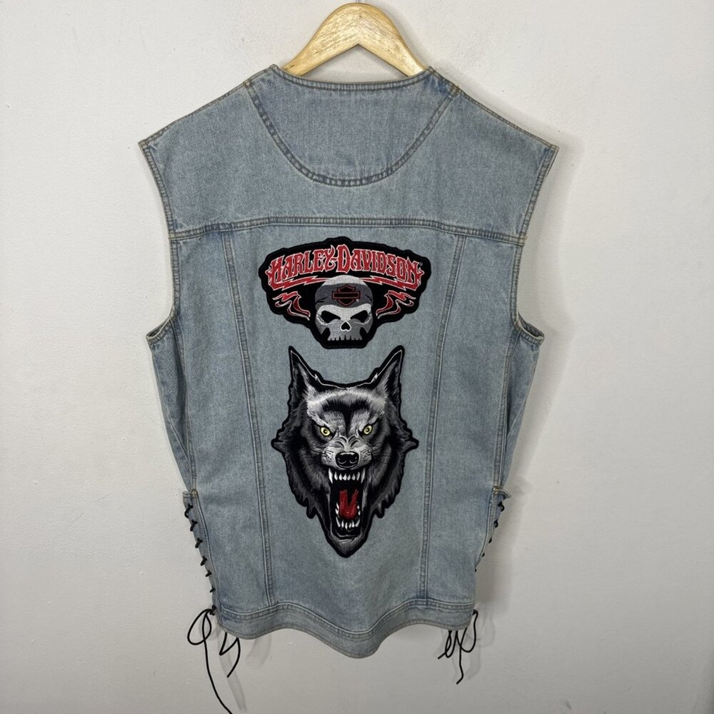 Diamond Plate Men XL Harley Motorcycle Denim Vest Wolf Skull Patches